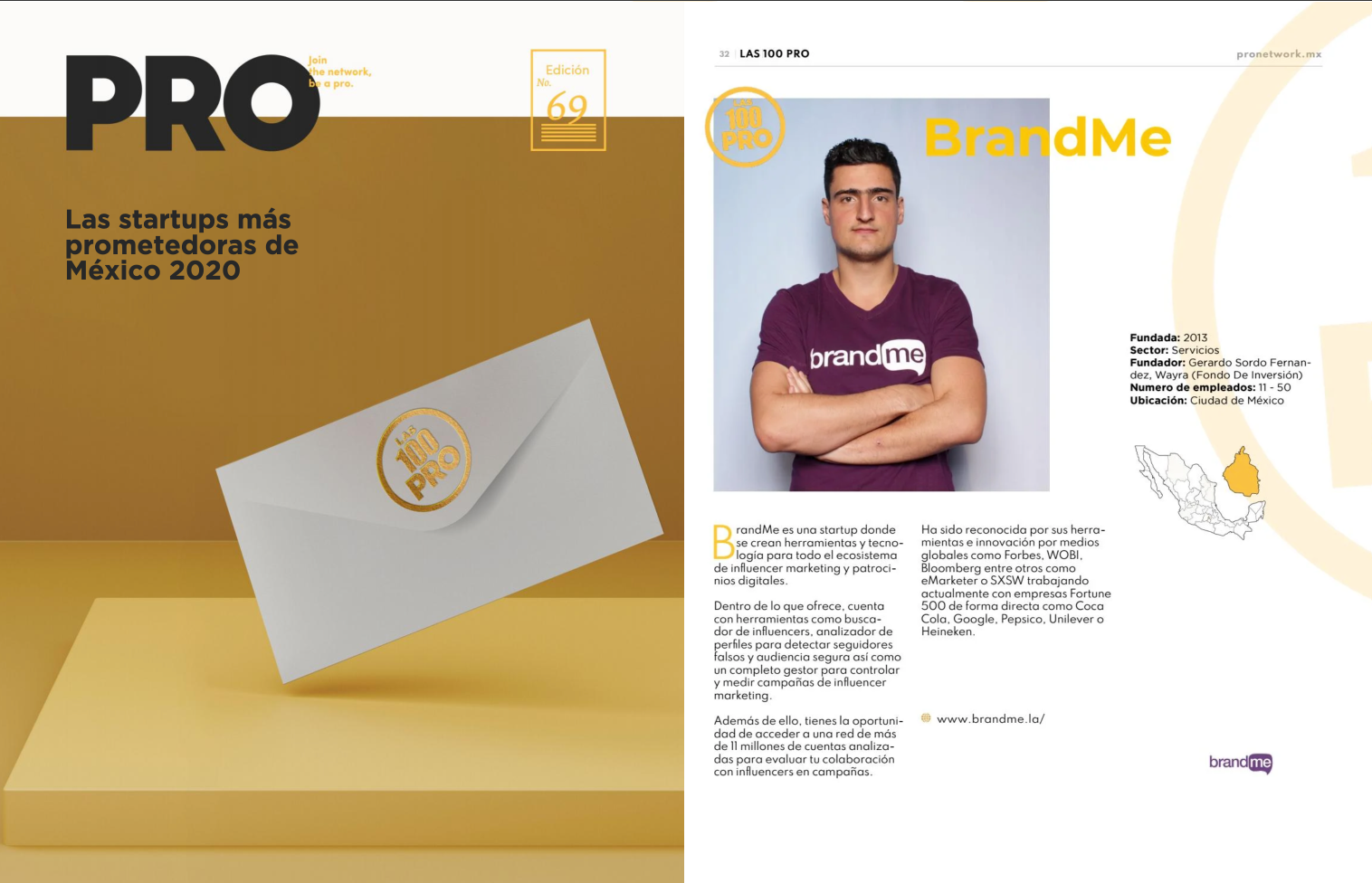 Gerardo Sordo y BrandMe reconocidos en la primera edición de Las 100 PRO 2020 como una de las startups más prometedoras de Mexico